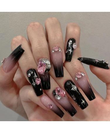 24pcs Black Rhinestone Ombre Long Coffin Fake Nail Black Rhinestone Press on Nails Luxurious Nails Acrylic Nails Fake Nails For Women Girls