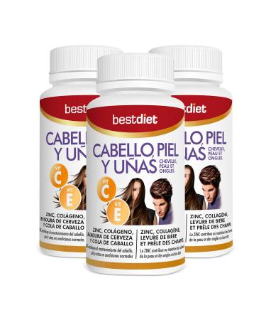 Bestdiet - Vitamines Cheveux Peau et Ongles avec Collag ne Marin Hydrolys Acide Folique Biotine Levure de Bi re et Vitamines B6 A C et E et Zinc Pack 3 x 60 g lules