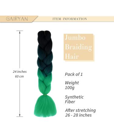 Gairyan Jumbo Braids Extensions - 60cm Ombre Synthetic Braiding Hair (100g) for Box Crochet Braids | Black Dark Green Green - Buy Online on GoSupps.com