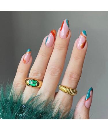 JUSTOTRY 24 Pcs Swirl Short False Nails Stiletto Pastel Press on Nails Pattern Glitter Fake Nails Short with Nail Glue Nude Almond Stick on Nails for Women Nails Fake Nail Medium for Nails Art coloured&swirl1
