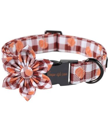 Unique Style Paws Halloween dog collar with flower pumpkin dog collar flower collar for young girls dogs flower neck band with metal buckle XL neck 16-26in XL F: Pumpkin with brown grille