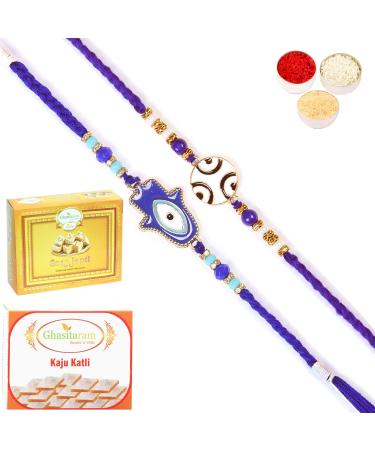 Ghasitaram Gifts Rakhi for Brother Rakhis Online - Set of 2 8928 8931 Fancy Evil Eye Rakhis with 200 GMS of Kaju katli and 200 GMS of Soan Papdi