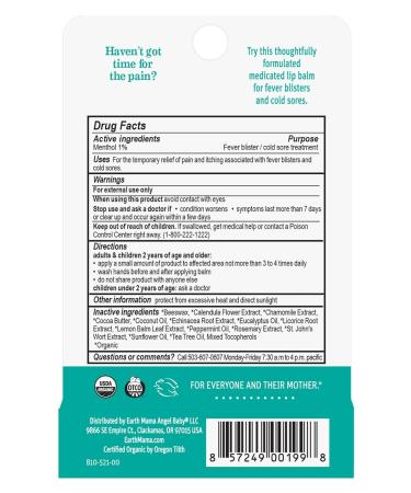 Earth Mama Medicated Herbal Lip Balm | Organic Lip Balm with Menthol for Fever Blister & Cold Sore | Refreshing Menthol Mint Lip Care 0.15 oz (2-Pk) 1 Count (Pack of 2) - Buy Online on GoSupps.com