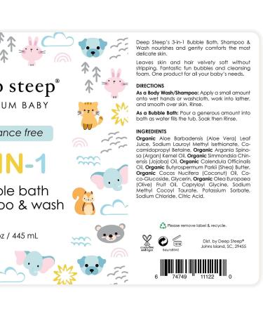 Fragrance Free 3-in-1 Baby Bubble Bath Shampoo & Body Wash - Deep Steep's Baby Line | 15 oz - Buy Online on GoSupps.com