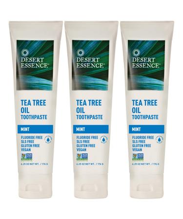 Desert Essence Tea Tree Oil & Mint Toothpaste Peppermint 6.25 oz (Pack of 3) Fluoride Free Gluten Free Vegan Non-GMO - with Baking Soda for Deep Cleaning & Healthy Teeth & Gums Fresh Breath