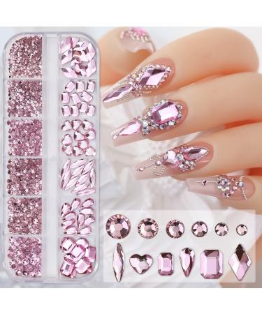 DOYIZZ Nail Art Rhinestones  Pink Crystal Nail Gems Stones  3D Multi Shapes Flatback Nail Crystals Diamonds for Nail Design Face Craft Shoes Decor(Pink)