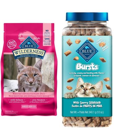Blue Buffalo Wilderness High Protein Grain Free Natural Adult Dry Cat Food Salmon 2.2kg bag - Medium Bag kibble & Bursts with Savory Seafood Cat Treats 340g tub Salmon Medium Bag + Cat Treats 340g tub