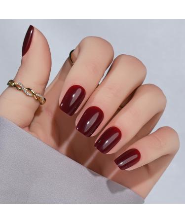 Press On Nails Short - Jofay Fashion Acrylic Press On Nails Red Square Glue On Nails with Nail Glue Fit Perfectly & Natural Stick On Nails in 12 Sizes - 24PCS Soft Gel Fake Nails Kit Wine Red 01.Wine Red