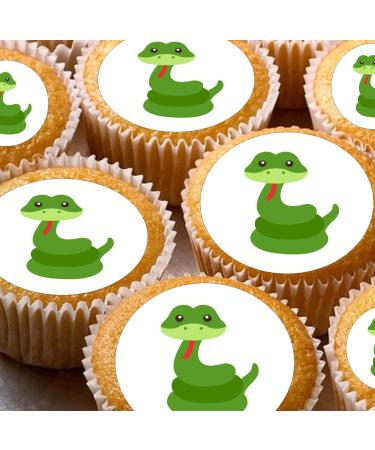 24 edible Snake snakes childrens party decorations Iced/Icing Cupcake Topper Edible Fairy Cake Bun Toppers Round
