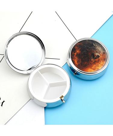 Round Pill Box - Wild Wolf in Fire Print | 3 Compartment Metal Pill Organizer | Decorative Portable Pocket Case - Buy Online on GoSupps.com