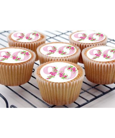 24 90th Birthday Pink roses Toppers Iced/Icing Cupcake Topper Edible Fairy Cake Bun Frosting Round