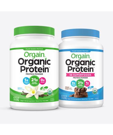 Orgain Organic Protein + Superfoods Powder Creamy Chocolate Fudge (2.02 Lb) and Orgain Organic Vegan Protein Powder Vanilla Bean (2.03 Lb)