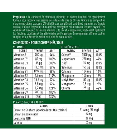 GRANIONS 24 VITAMINS - Multivitamins and Minerals - Magnesium Zinc Vitamin C Selenium Coenzyme Q10 Lutein - Energy Immunity - Adult Vitamins - 90 Tablets - 3 Months - Made in France - Buy Online on GoSupps.com