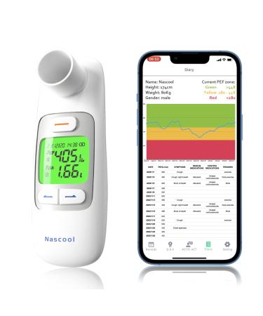 Nascool Peak Flow Meter with Bluetooth APP Spirometer for Asthma COPD Monitor PEF FEV1 Home Medical 300 Records Kids Adult