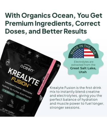 Organics Ocean Krealyte Fusion - Instantized Creatine Monohydrate Powder with Electrolytes - Muscle Strength Endurance & Hydration Support - Vegan Sugar-Free Pink Lemonade Flavor - 30 Servings 9.17 Ounce (Pack of 1) - Buy Online on GoSupps.com