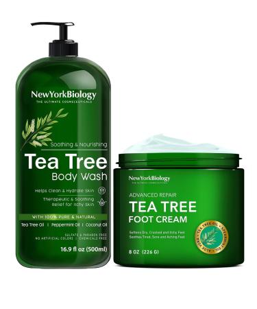 New York Biology Tea Tree Body Wash with Tea Tree Oil Foot Cream for Dry Cracked Feet - Helps Jock Itch & Itchy Skin Nail Fungus Athletes Foot Eczema & Body Odor Ringworms Moisturizing Cream