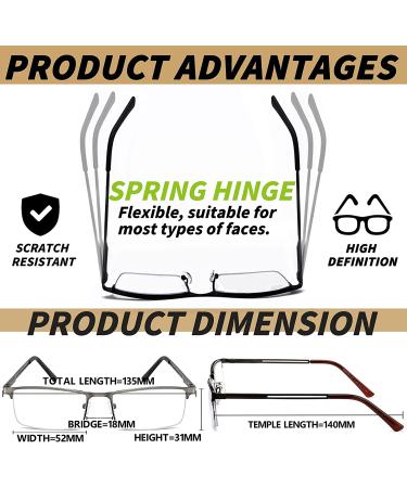 JJWELL 3-Pack Blue Light Reading Glasses for Men | Lightweight Metal Rectangle Semi Rimless Readers | Anti Eyestrain & Computer Glare | UV Protection | Spring Hinge | 4.0x Magnification | Includes Pouches - Black Gunmetal Brown - Buy Online on GoSupps.com