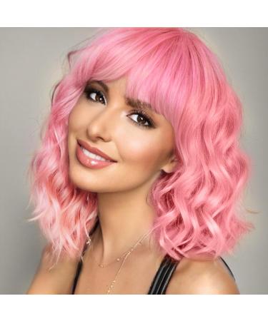 WOKESTAR Bob Curly Wig with Fringe Short Synthetic Wavy Wigs for Women Pink Color 12 inch Pink
