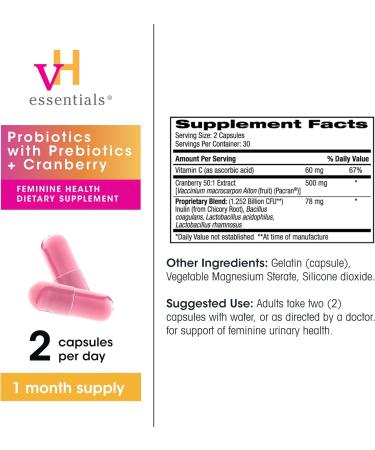 vH essentials Probiotics for Women with Prebiotics Cranberry & Vitamin C - 180 Capsules (90 Day Supply) - Vaginal Probiotics Support Gut Balance Vaginal Health & Urinary Tract Health for Women - Buy Online on GoSupps.com