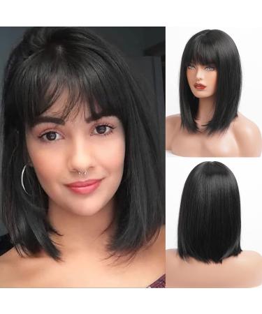 HAIRCUBE Straight Wigs for Women Synthetic Hair Wig with Fringe Natural Black
