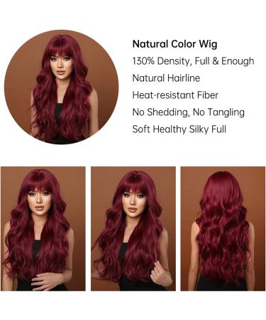 Kellynee Burgundy Wine Red Long Wavy Wig with Bangs - Stylish Heat Resistant Synthetic Hair for Daily Wear and Special Occasions - Buy Online on GoSupps.com