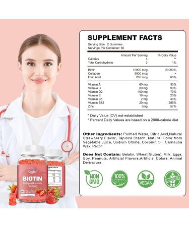 ACEYO Organic Biotin Collagen Gummies 12000mcg for Hair Growth with Zinc Women Men Skin and Nails Care Supplements Vitamins Vegan Strawberry Flavor 1 Pack - Buy Online on GoSupps.com