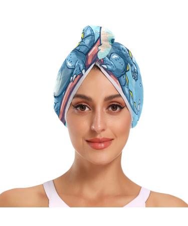 Cute Cartoon Dinosaur Hair Towel 2 Pack Super Absorbent Hair Drying Towel Quick Dry Hair Turbans Head Towel with Button Twisty Wrap for Women Girls
