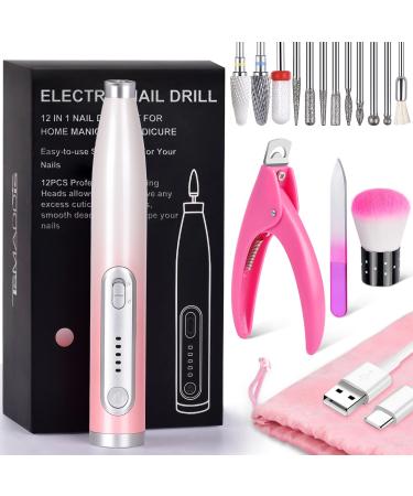 Cordless Nail Drill,TsMADDTs Electric Nail Drill Rechargeable Nail Drill Portable Electric Nail File with 12 Nail Drill Bits, Nail Clipper and Brush,Pink Pink-1