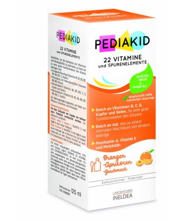 PEDIAKID - Natural Pediakid Food Supplement with 22 Vitamins and Trace Elements - Exclusive Agave Syrup Formula - Optimises Vitamins and Minerals - Apricot Orange Flavor - 125 ml Lacon