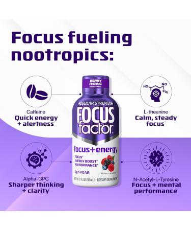 Focus Factor Focus + Energy Shots - 12 x 2oz Bottles (Berry Twang Flavor) - Powered by Nootropics with Caffeine, L-Theanine, Ginkgo, Bacopa, L-Tyrosine, Alpha GPC - Buy Online on GoSupps.com