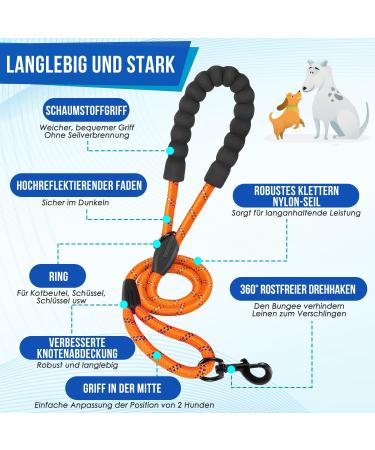 Buy Eyin Double Dog Leash for Large Dogs - Flexible Reflective & Healing-Free with 3 Padded Handles | Ideal for 11-68 kg Dogs - Orange - Buy Online on GoSupps.com