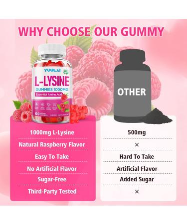 YUULAI L-Lysine 1000mg Gummies for Adults & Kids Essential Amino Acid Supplement for Lips & Oral Health Boost Immune & Collagen & Calcium Sugar-Free Raspberry Flavor 60 Count - Buy Online on GoSupps.com