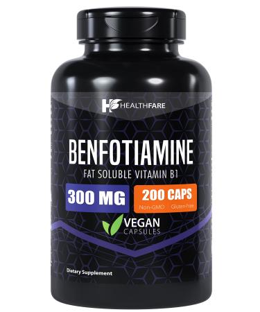 Healthfare Benfotiamine 300mg | 200 Capsules | Fat Soluble Thiamine Vitamin B1 | Supports Glucose Metabolism, Cardiovascular and Nervous System Health | Non-GMO | Gluten Free