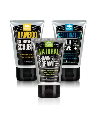 Pacific Shaving Company Daily Shave Regimen Set - Bamboo Pre-Shave Scrub 3 oz (1 Unit) | Natural Shaving Cream 3.4 oz (1 Unit) | Caffeinated Aftershave 3.4 oz (1 Unit)