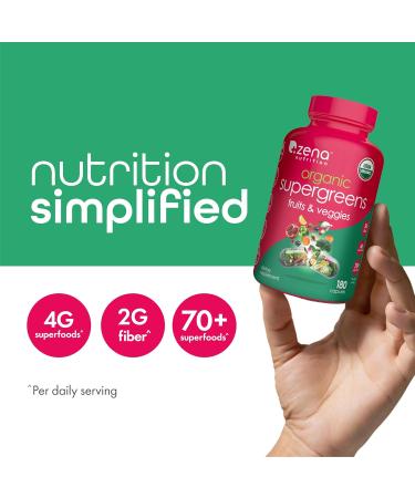 Zena Nutrition Organic Super Greens Fruit & Veggies Supplement 70+ Superfoods from Fruit & Vegetables Spirulina Chlorella Prebiotics & Probiotics Digestive Enzymes for Gut Health 180 Capsules Unflavoured Capsules - Buy Online on GoSupps.com