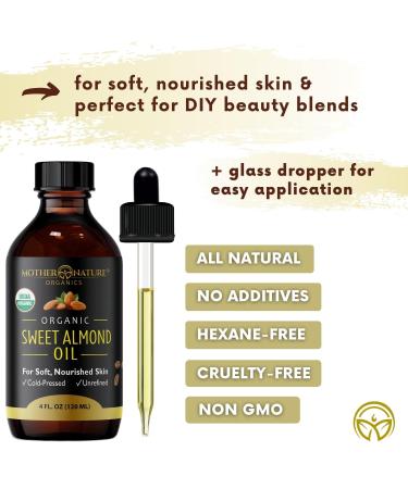 Mother Nature Organic Sweet Almond Oil - Extra Virgin & Cold-Pressed 4oz - Moisturizer for Body, Hair, Scars, Nails, Wrinkles & Dark Spots - Non-GMO & Cruelty-Free - Buy Online on GoSupps.com