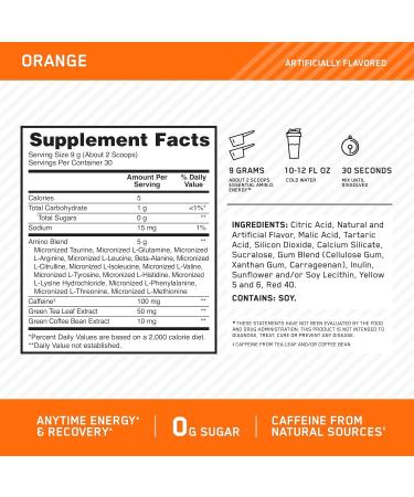 ON Essential Amino Energy | Amino Acid & Energy Formula | 5 Grams of Amino Acids 100 mg of Naturally Sourced Caffeine 5 Calories Sugar Free | 30 Servings (Orange) Orange 30 Servings (Pack of 1) - Buy Online on GoSupps.com