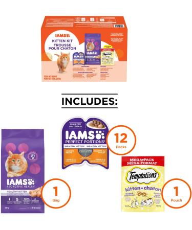 Kitten Start Pack - Includes IAMS Proactive Health Healthy Kitten Dry Cat Food Chicken IAMS Perfect Portions Healthy Kitten Wet Cat Food Chicken & Temptations Kitten Chicken & Dairy Treats 2.67kg Pk - Buy Online on GoSupps.com