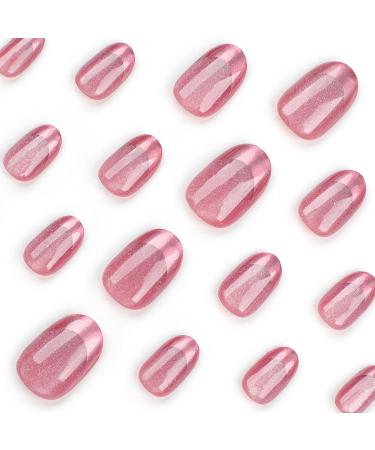 French Tip Press on Nails - Short Round Press On Nails with Nail Tips Pink Purple Crystal Cat Eye Design press on nails Acrylic False Nails Cute Artificial Nails - Buy Online on GoSupps.com