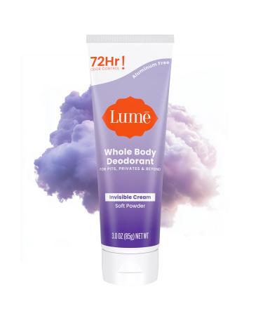 Lume Whole Body Deodorant - Invisible Cream Tube - 72 Hour Odor Control - Aluminum Free Baking Soda Free Skin Safe - 3.0 ounce (Soft Powder) Soft Powder 3 Ounce (Pack of 1)