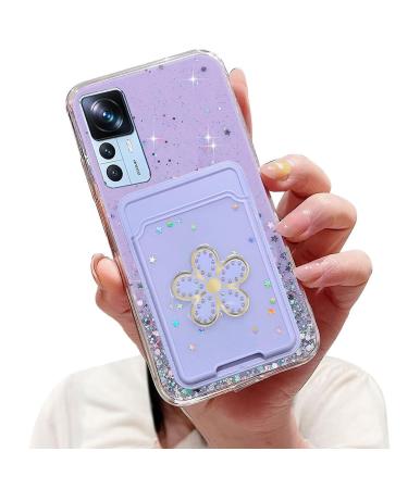Tivenfezk Nadoli Silicone Sparkle wallet case for Xiaomi 12t Pro bling glitter star soft TPU protective cover mobile phone case scratch -resistant with credit card holder xiaomi 12t per purple