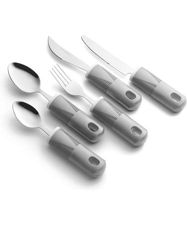 Special Supplies Adaptive Utensils 5-Piece Kitchen Set - Wide Non-Weighted Non-Slip Handles for Hand Tremors, Arthritis, Parkinson's or Elderly Use - Stainless Steel Knives, Fork, Spoons - Grey - Buy Online on GoSupps.com