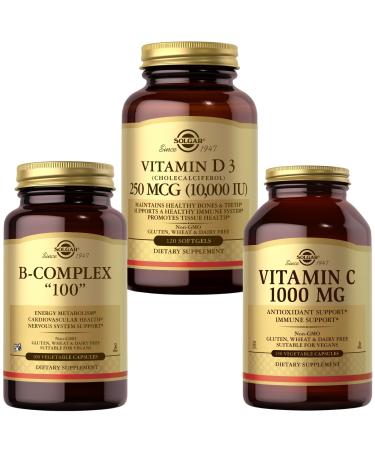 SOLGAR Vitamin B D & C Bundle: B-Complex 100" 100 Capsules + D3 (Cholecalciferol) 250 MCG (10 000 IU) 120 Softgels + C 1000 mg 250 Count