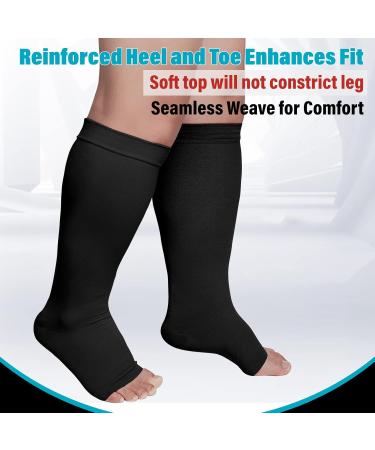 KEKING Extra Wide Calf Compression Socks 20-30 mmHg for Men & Women - Plus Size Open Toe Knee High Support Hose for Varicose Veins & Pain Relief - Black 5XL - Buy Online on GoSupps.com