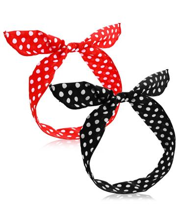Lusofie 2 Pcs Black Red Polka Dot Headbands Cute Bow Bandana Headband Headwrap Retro Wire Bandana Headband for Women and Girls