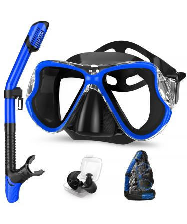Dry Snorkel Set, 3 in 1 Snorkeling Gear Set with Anti-Fog Diving Mask, Dry Top Snorkel and Swimming Earplugs, Professional Snorkeling Set for Adults for Snorkeling Swimming Scuba Diving Bright Blue