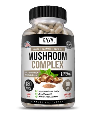 Kaya Naturals Premium Mushroom Complex Potent | Organic Mushroom Supplement| Mushroom Complex Capsules 1995mg Per Serving - Aids Mental Clarity Supports Immune System Wellness & Vitality | 180 Count 180 Count (Pack of 1)