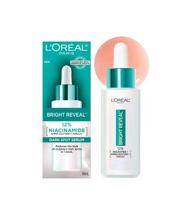 L'Or al Paris Bright Reveal Dark Spot Face Serum with 12% Niacinamide + Ferulic + Amino Sulfonic Acids Reduces the Look of Stubborn Dark Spots For All Skin Tones Skincare 30mL