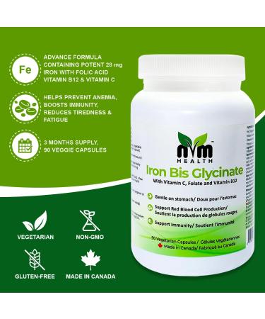 NVM Health Gentle Iron Bisglycinate with Vitamin C, B12, Folic Acid - 90 Veggie Capsules | Supports Red Blood Cell Formation & Combats Fatigue | Gluten-Free - Buy Online on GoSupps.com