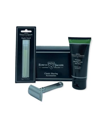 Edwin Jagger Boxed Gift Razor Shaving Set for Men - Classic Double-Edge Safety Razor | Shaving Cream | Styptic Pencil (Black DE86 Razor Aloe Vera Shaving Cream SP)